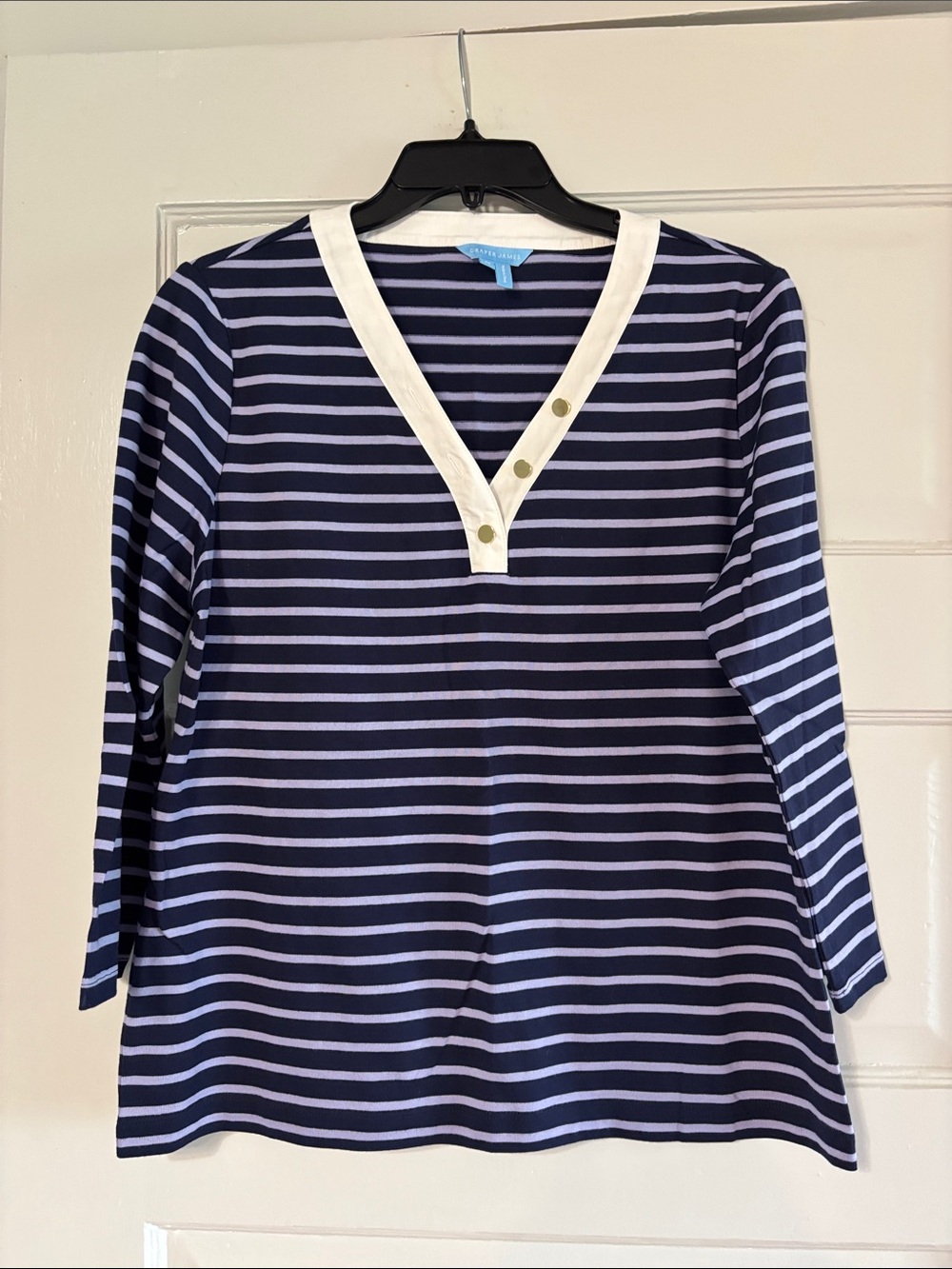 Draper James Navy and Lilac Striped V-Neck Long Sleeve Top